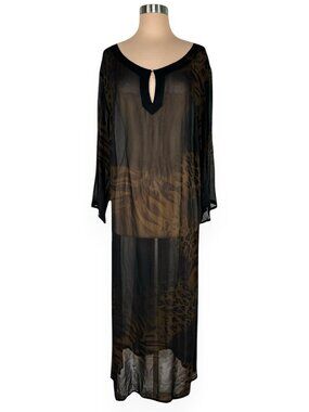 Marina Rinaldi Italy Black Brown Animal Print Sheer Viscose Maxi Dress 27 US 18